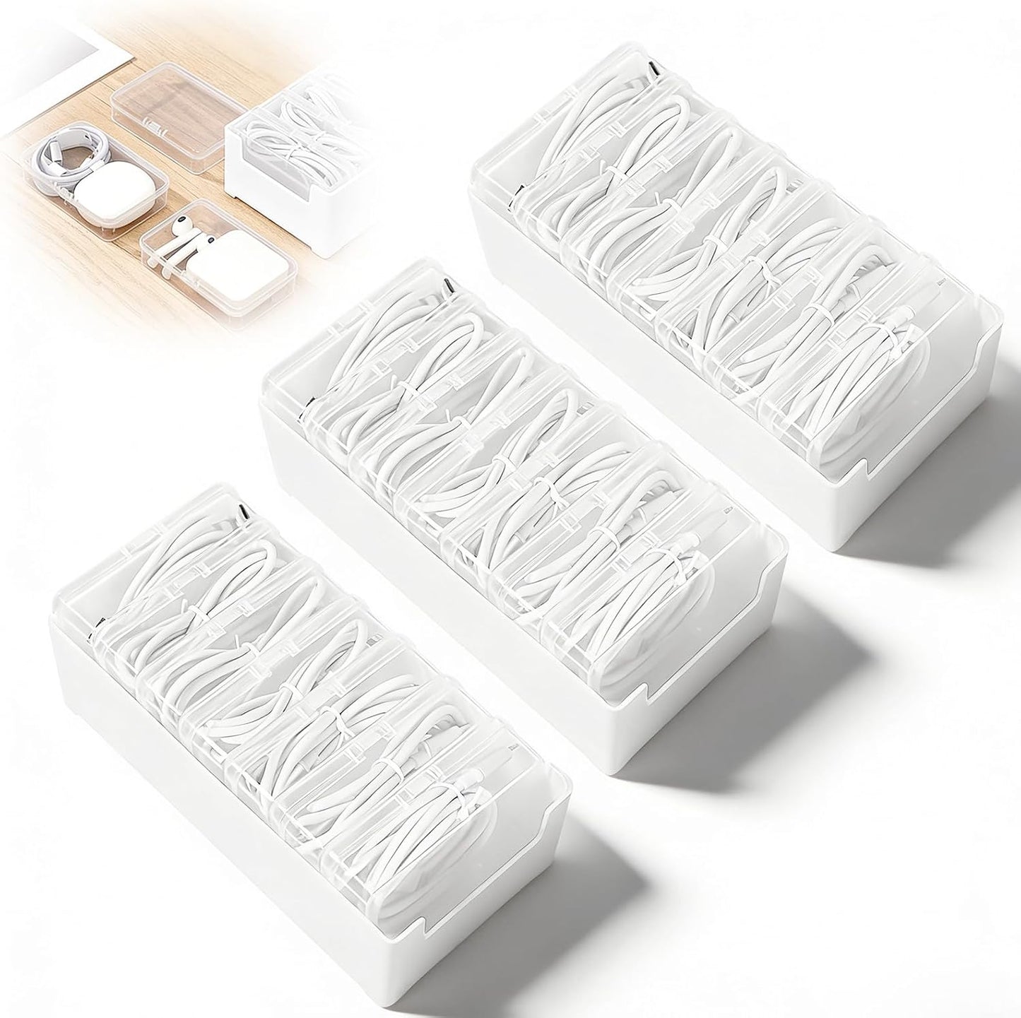 3 PCS Cable Organizer Box with 7 Clear Switch Case, Charger Cord Organizer Box for Home Office Desk Storage Accessories