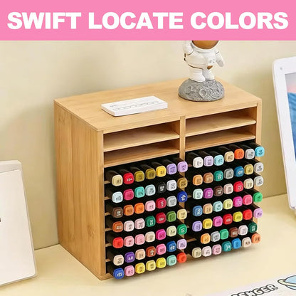126 Bamboo Marker Organizer, Desktop Storage Hold 126 Markers, 18 Compartments Marker Storage for Home, Classroom, Office, Pen Pencil Holder Desk Art Supply Organizer