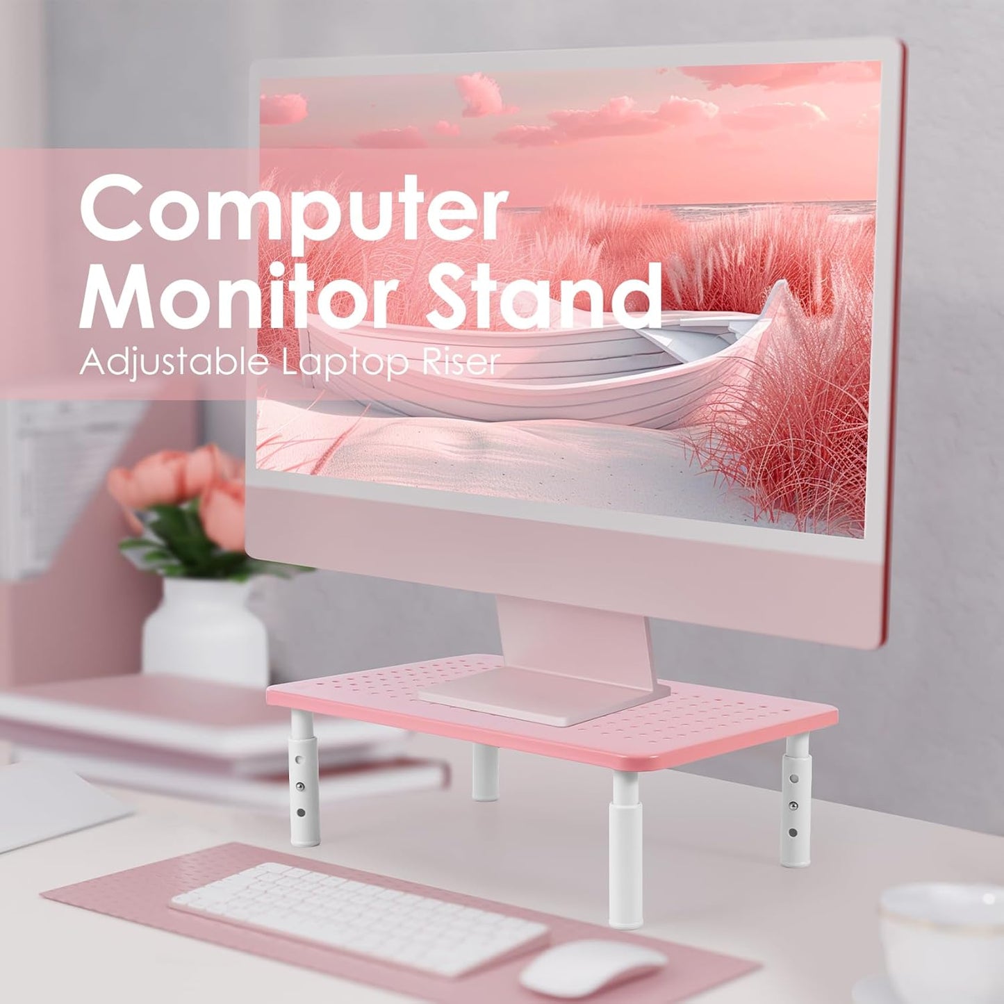 LOTEYIKE TV/Monitor Riser Desktop Stand, Flat Screen, Sturdy Metal Laptop Computer Shelf for Printer, iMac, 3 Height Adjustable PC with Mesh Platform , 2 Pack