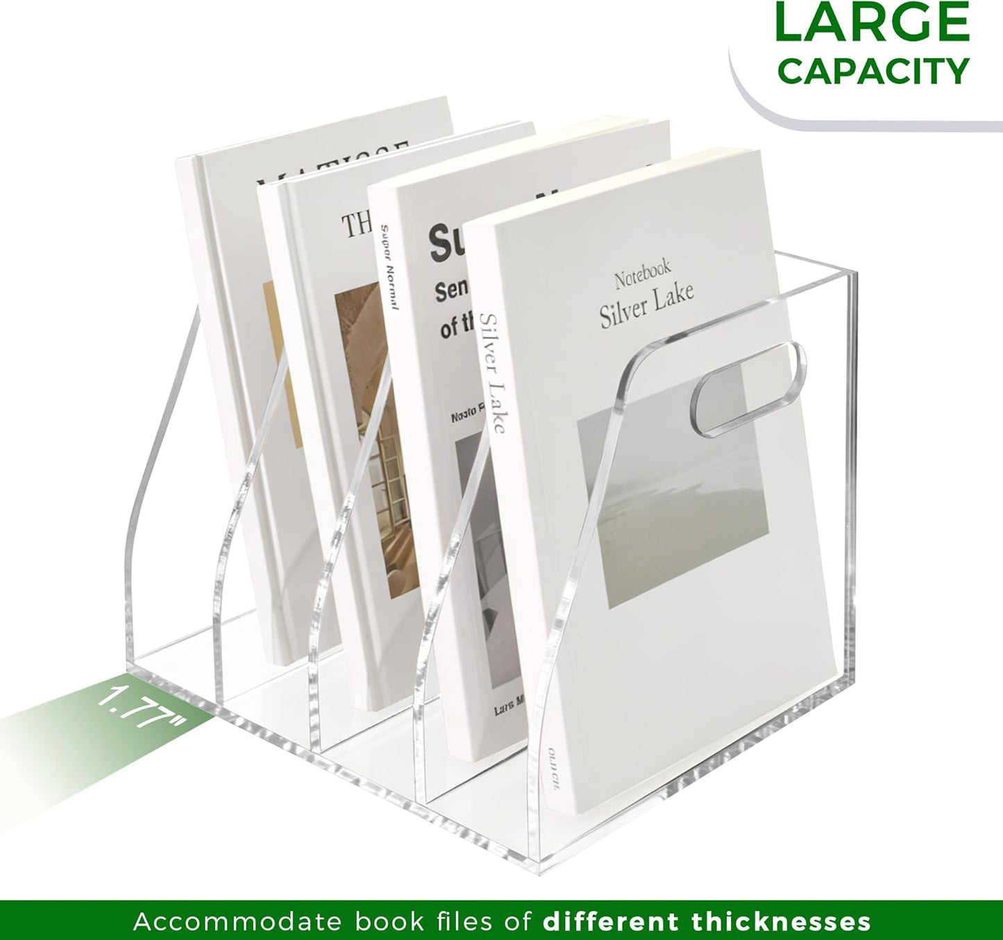 Acrylic Magazine File Holder, 4 Vertical Compartments Desk Document Sorter Organizer, Clear Folder Rack Binder for Office/Home/Classroom, for Documents, Tablet, Magazines, Books & Accessories