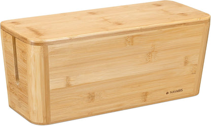 Navaris Cable Tidy Box - Bamboo Cable Storage Box Organizer for Wires, Cables, Extension Sockets, Chargers and Power Plug Cords - 15.5" x 6.3" x 6.3"
