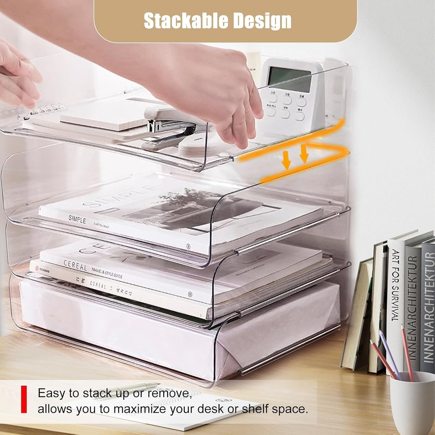 Clear Stackable Paper Trays 4 Pack, PET Letter Tray Desk Organizer, Desktop Organizers and Storage for Books, Magazines, Folders, A4 Size File Paper, Office Supplies