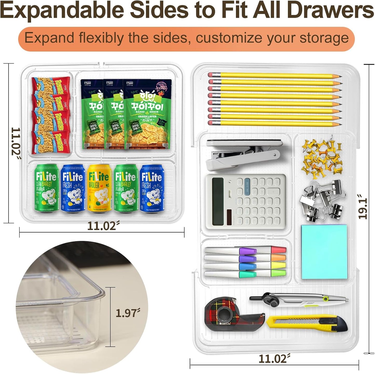 Expandable Drawer Organizer-Adjustable Shallow Tray, 11" to 19" Width,1.97" Height, Clear Plastic Storage for Bedroom, Living Room, Kitchen/Bathroom/Office/Cosmetic/Tools/Cutlery/Stationery