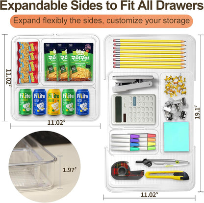 Expandable Drawer Organizer-Adjustable Shallow Tray, 11" to 19" Width,1.97" Height, Clear Plastic Storage for Bedroom, Living Room, Kitchen/Bathroom/Office/Cosmetic/Tools/Cutlery/Stationery