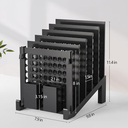 File Organizer for Desk with Storage Box & Hook, Inclined Desk File Organizer with 5-Section Vertical File Holder Suitable for Home Office Document Organization (Black)