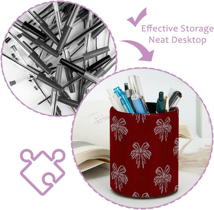 Leather Pen Holder for Desk, Love Cherry Pencil Organizer Pencil Cup Desk Decor Makeup Brush Holder Multifunctional Office Supplies for Home,Office, School