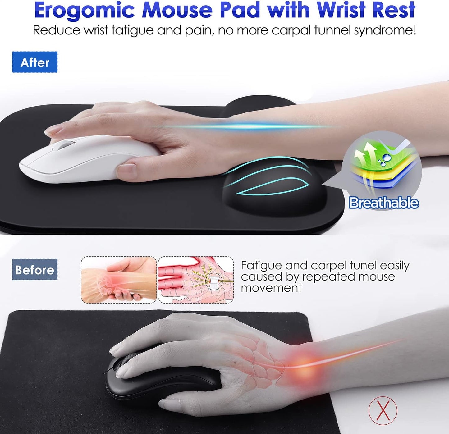 Gimars Elongate Smooth Lycra Fabric Ergonomic Mouse Pad Wrist Support, Gel Memory Foam Cushion Set Keyboard Wrist Rest Support, Pain Relieve for Computer, Laptop, Office, School, Home, Gaming, Black