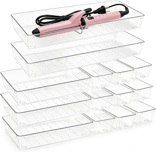 14 Pcs Clear Plastic Drawer Organizer Tray with 2 Pcs 15"x6" Extra Large Trays, Multi-Purpose Storage Bins for Vanity, Makeup, Kitchen Utensils, Bathroom, Office Desk, Auto Tools & Craft Supplies