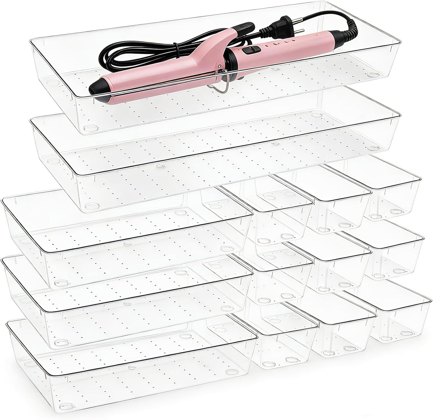 Manalete 4 Pack 15"x6" Extra Large Clear Plastic Drawer Organizer Trays, Multi-Purpose Storage Bins for Vanity, Makeup, Kitchen Utensils, Bathroom, Office Desk, Auto Tools & Craft Supplies