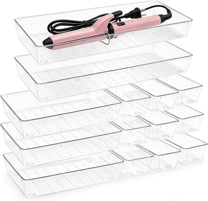 Manalete 4 Pack 15"x6" Extra Large Clear Plastic Drawer Organizer Trays, Multi-Purpose Storage Bins for Vanity, Makeup, Kitchen Utensils, Bathroom, Office Desk, Auto Tools & Craft Supplies