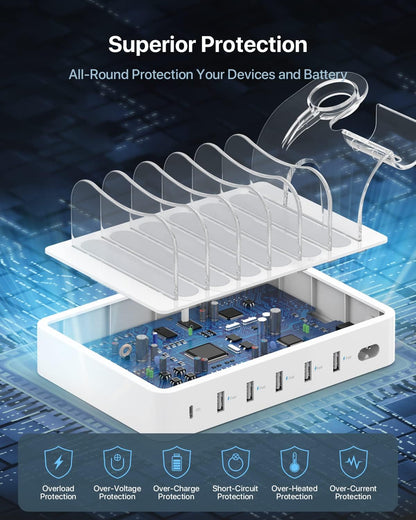 SooPii 60W 6-Port PD Charging Station for Multiple Devices, 20W PD USB C Fast Charging for lPhone 14/13/12,6 Short Cables Included, 2 in 1 Holder,for Phones,Tablets and Others…