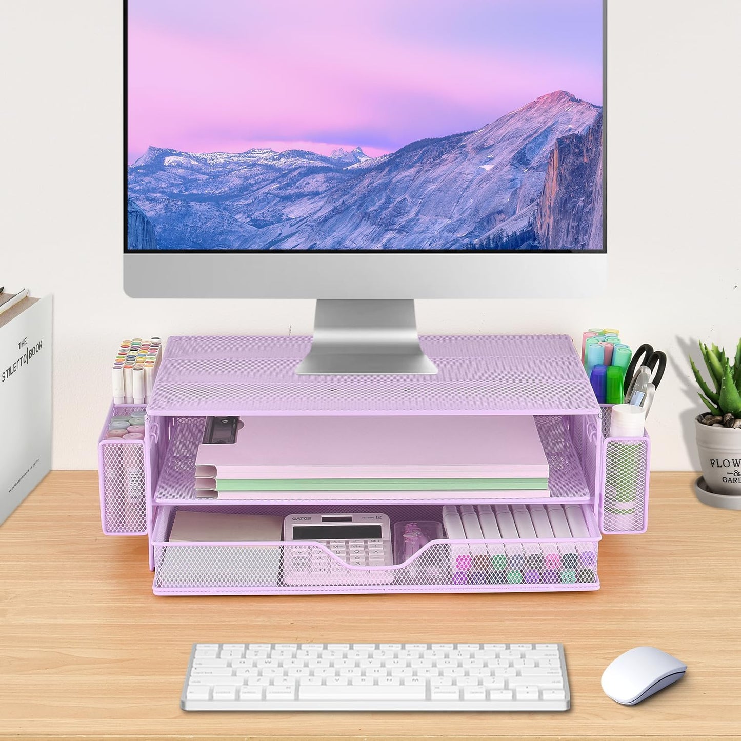 AUPSEN Wood Desk Organizers and Accessories, 2-Tier Computer Monitor Stand Riser with Drawer, Pen Storage & Phone Holder, Office Desk Accessories, Workspace Desktop Organization for Office Supplies（Brown）