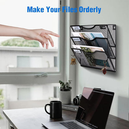 BOHDK Wall File Organizer, 6 Tier Hanging File Folder Mail Organizer, Vertical Mesh Metal Wall Mount Hanging File Holder, Paper Document Magazine Rack for Home Office Black