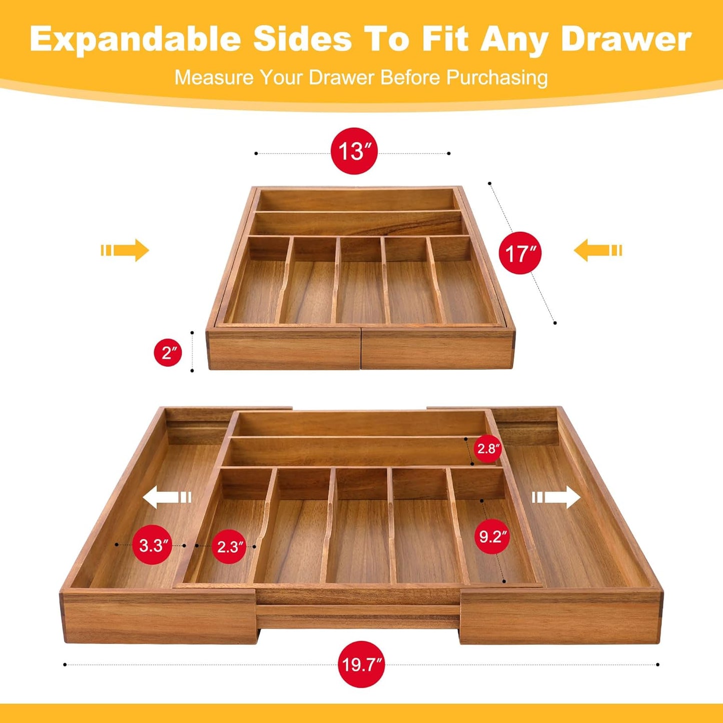 Expandable Bamboo Kitchen Drawer Organizer for Cutlery and Utensils, Adjustable Bamboo Wood Cutlery Tray in Drawer for Flatware and Silverware in Kitchen, (Natural)