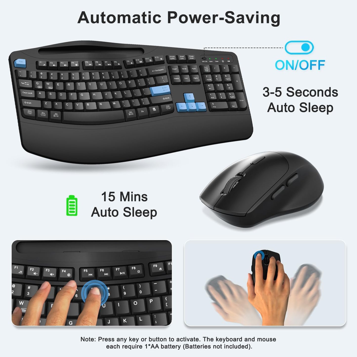 Wireless Keyboard and Mouse Combo, 2.4G Full Size Wave Keys Ergonomic Keyboard with Wrist Rest, Phone Holder, 3-Level DPI Wireless Silent Mouse with 6-Buttons, for Windows, Mac OS, Laptop, PC (Black)