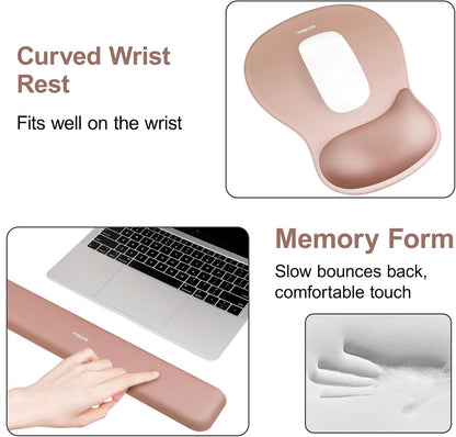 MOSISO Wrist Rest Support for Mouse Pad&Keyboard Set, Ergonomic Mousepad with Concave Curved Memory Foam, Non-Slip Base Pain Relief Comfortable Rectangular Easy Typing Pad for Home/Office, Brown