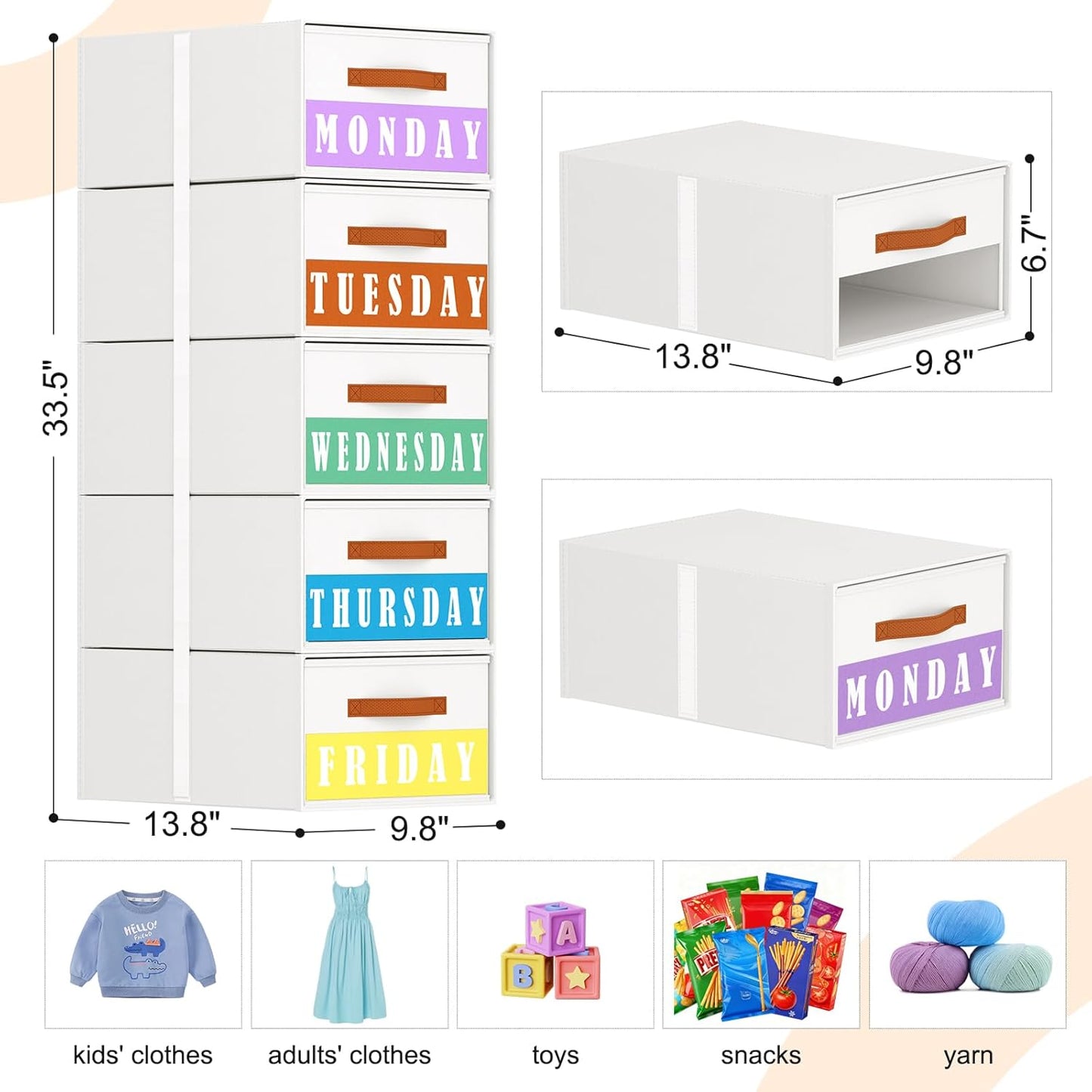 Stackable Storage Drawers - Pull Out Storage Bins with Drawers for Closet Clothes Organizers with Weekly Labels & Clear Window, Closet Shelf Storage for Bedroom, Living Room, 5 Pack, White
