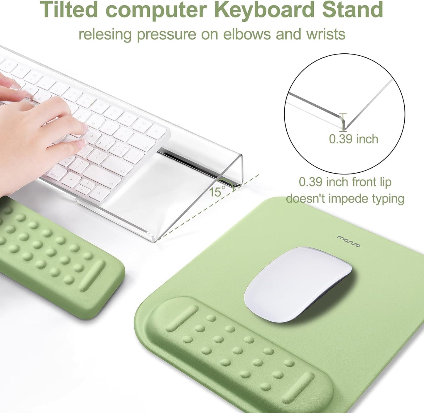 MOSISO Computer Keyboard Stand&Wrist Rest Support for Keyboard &Mouse Pad Set, Ergonomic Massage Wrist Rest Set, Easy Typing Working Acrylic Clear Stand for Office Home, Apricot