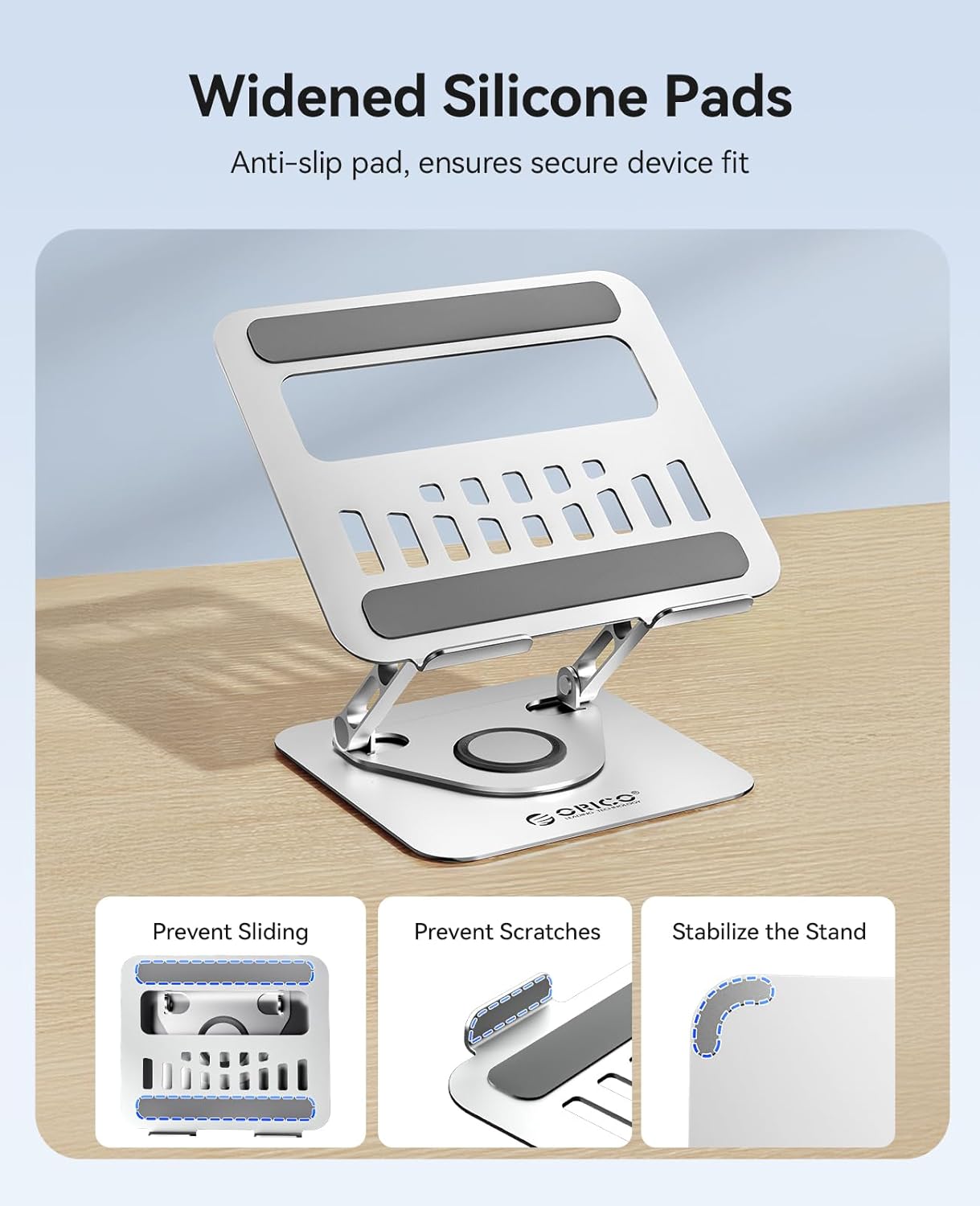 ORICO Adjustable Laptop Stand for Desk, 360° Rotating Base, Foldable Aluminum Alloy Computer Stand with Ventilated Design, Compatible with MacBook Air/Pro, Dell, XPS, HP up to 17'' - ST12, Silver