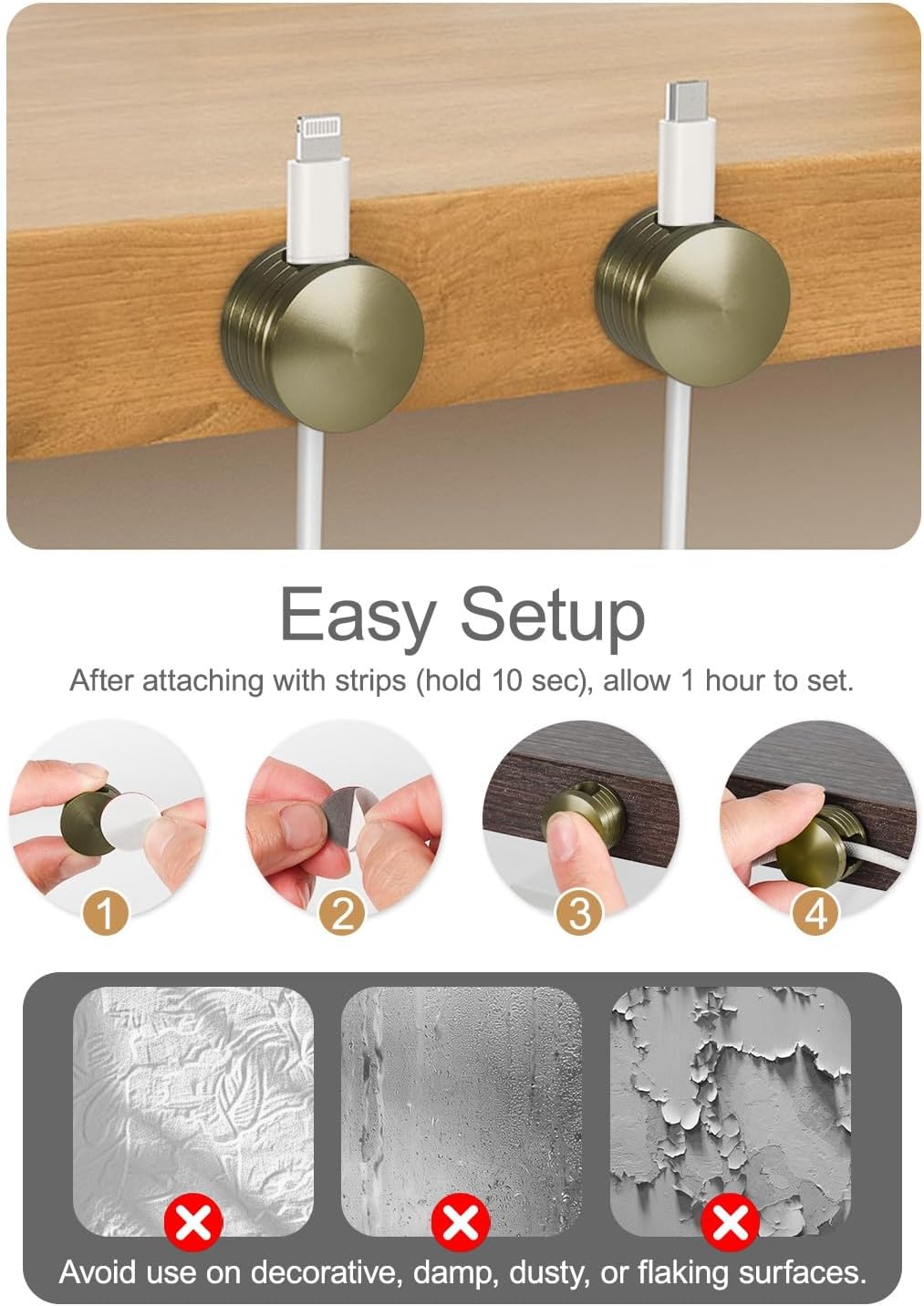 Strong Adhesive Cord Holder for Nightstand with Wider Base, 3 Pack Sleek Antique Bronze Aluminum Screw-top Cord Clips for Desk, Desk Cable Holder, Phone Cord Management Clips Secure Organizer