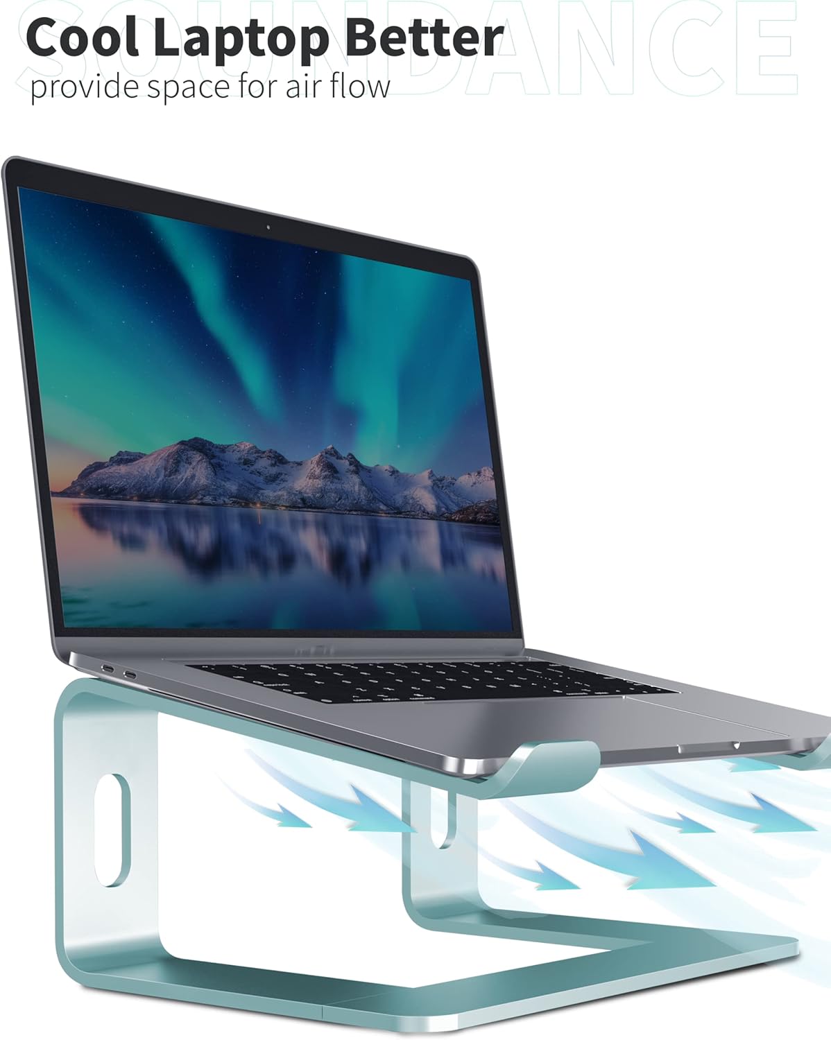 SOUNDANCE Laptop Stand, Aluminum Computer Riser, Ergonomic Laptops Elevator for Desk, Metal Holder Compatible with 10 to 15.6 Inches Notebook Computer, Silver