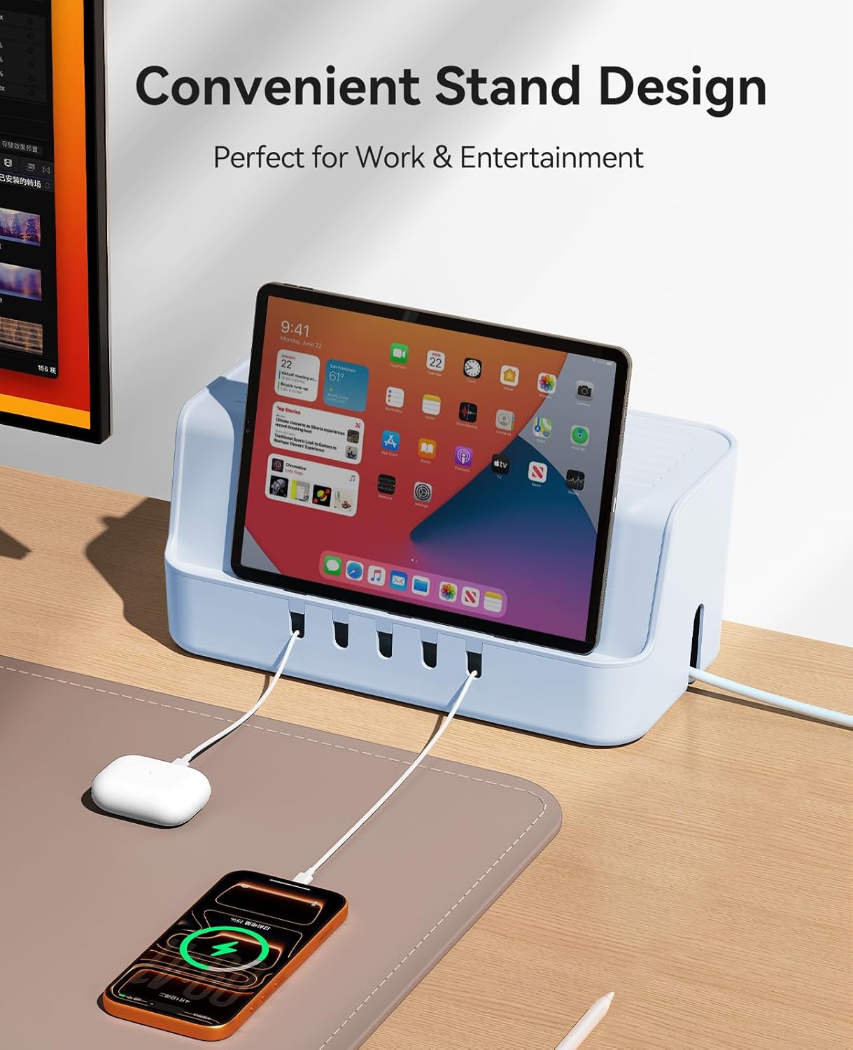 ORICO Cable Management Box with Phone Stand Lid, Large Cord Organizer Case for Hiding Power Strips & Surge Protectors, Heat Dissipation Desktop Wire Hider for Home, Office, School - PB02