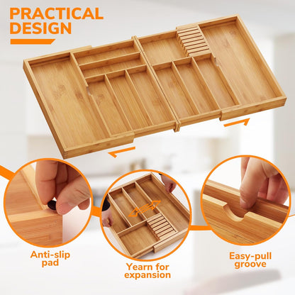 BAMEOS drawer organizer flatware organizer cutlery tray silverware organizer expandable adjustable bamboo drawer organizer kitchen bathroom