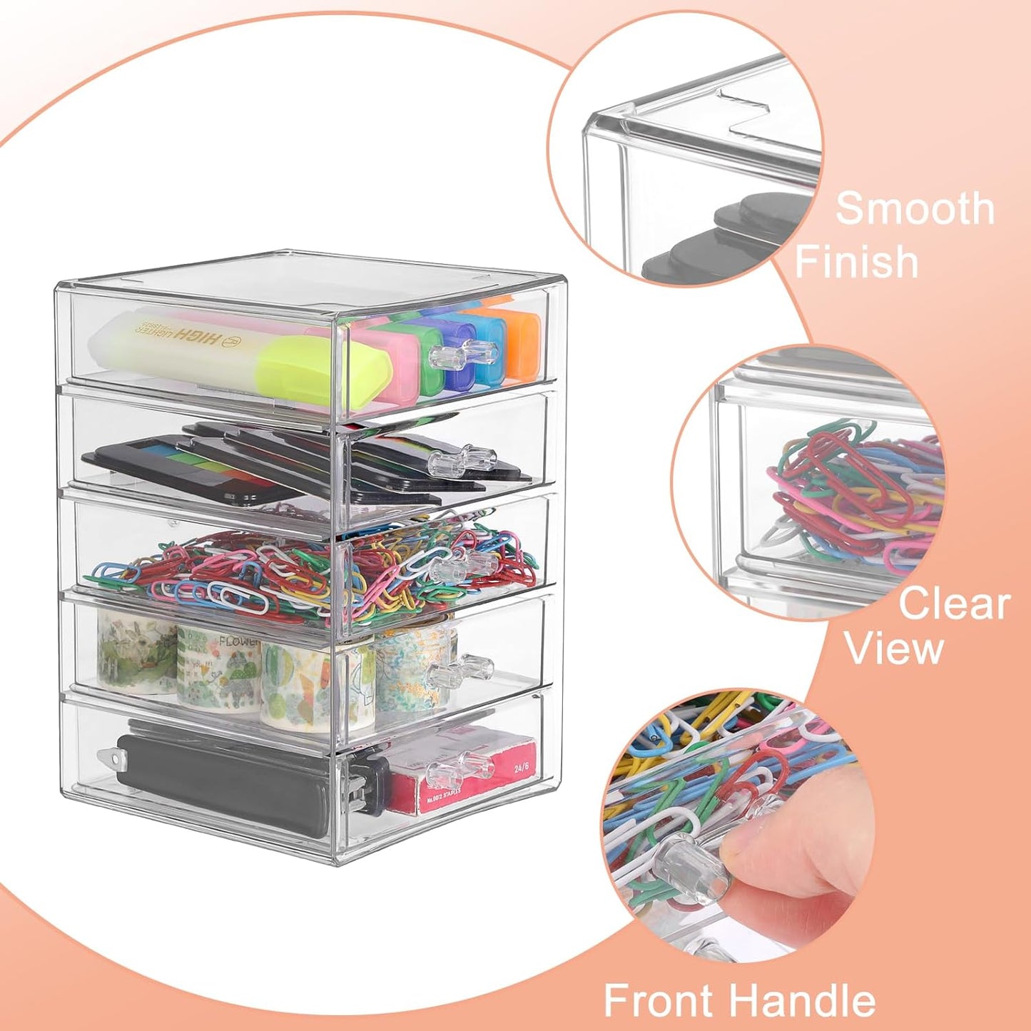 BTSKY Clear Acrylic Storage Organizer with Drawers, 3-Layer Desktop Organizer for Office Essentials, Multi-Purpose Stackable Container for Bathroom Vanity, Desk Makeup Jewelry Container Storage Box