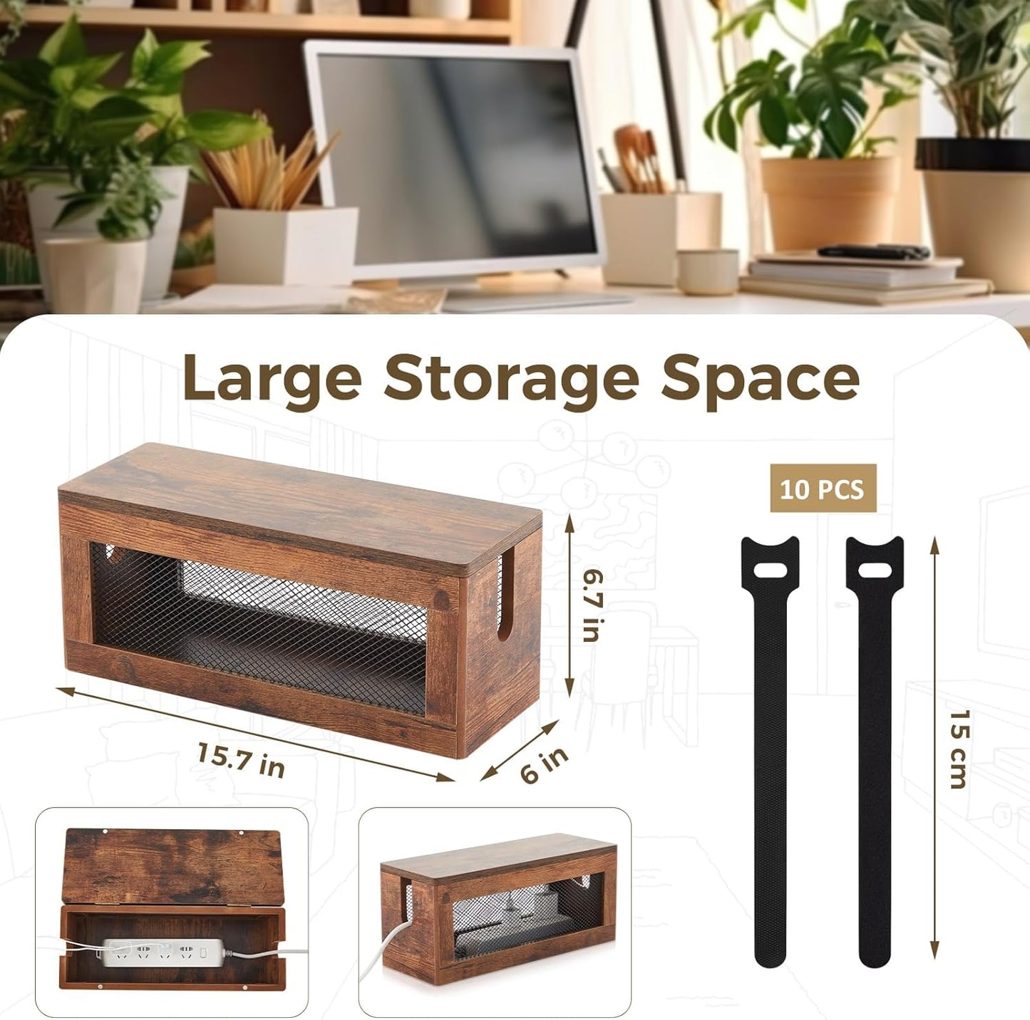 Chunful Extra Large Cable Management Box, 16'' Wood Cord Hider Organizer with Ventilation Nets & Organizer for Power Strip, TV Wires & Desk Cable Storage, Magnetic Lid Hide Floor Cables
