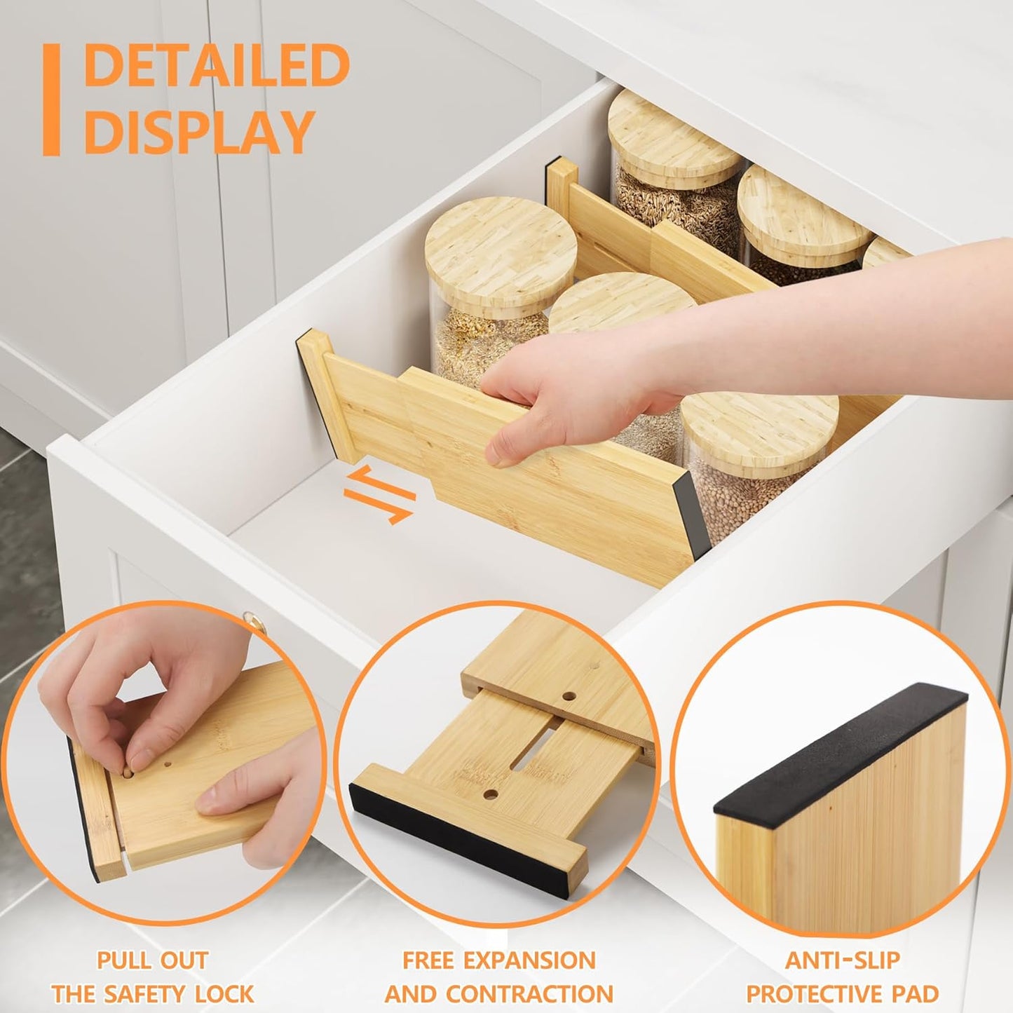 BAMEOS Drawer Dividers kitchen Organization Bamboo Utensil Organizers for Kitchen Bedroom Bathroom Dresser Office 4-pack