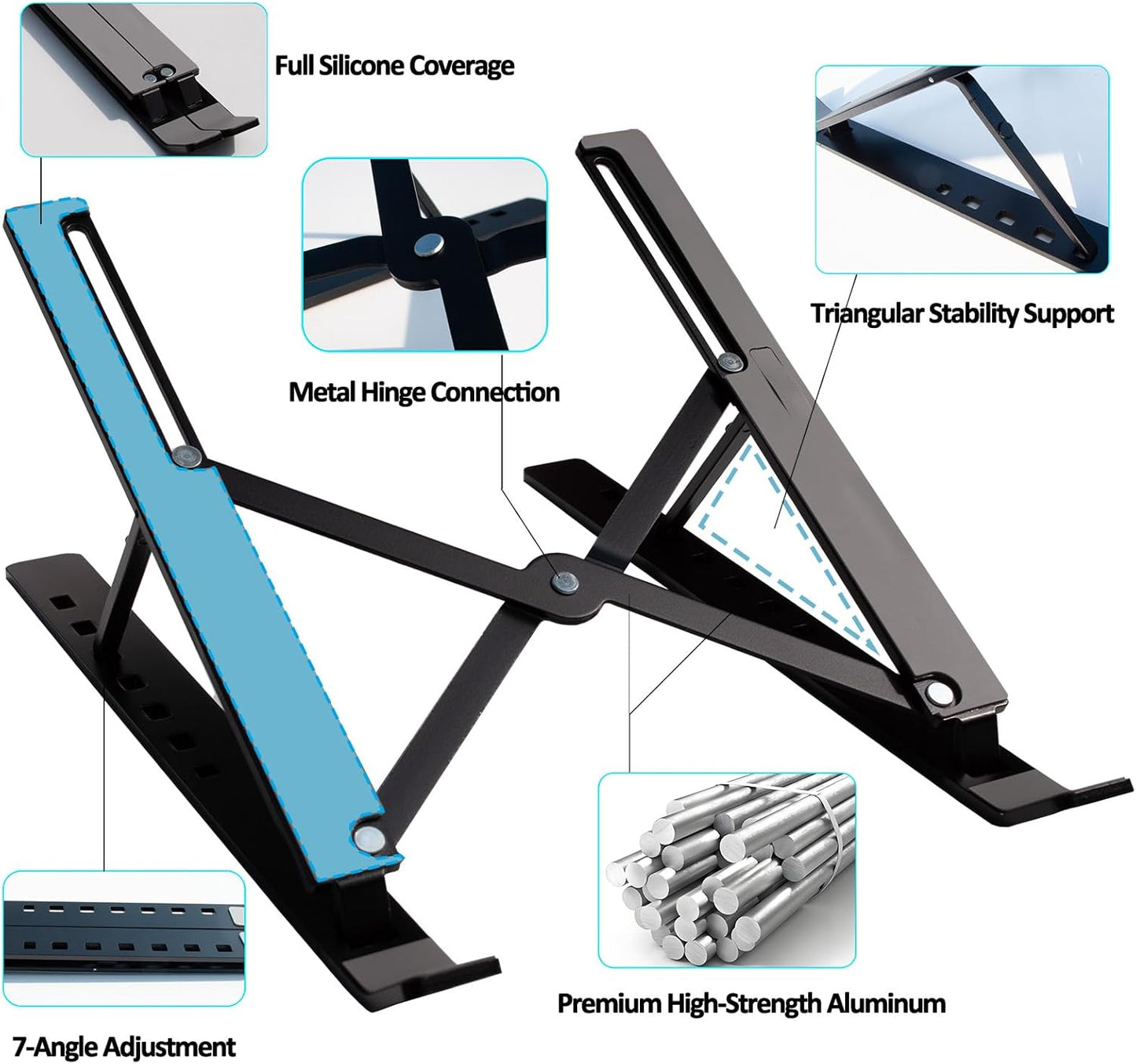Foldable Laptop Stand for Desk, Adjustable Aluminum Holder for MacBook/iPad up to 18", Portable & Lightweight with Anti-Slip Silicone, Sturdy Metal Base for Travel (Black)