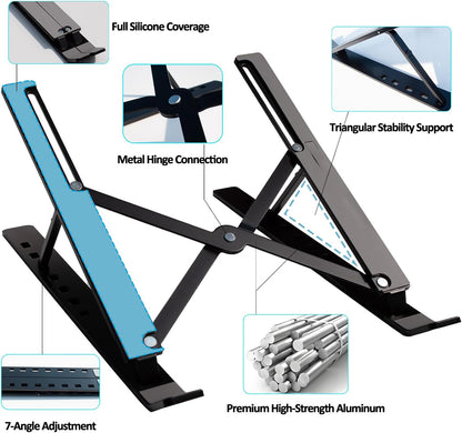 Foldable Laptop Stand for Desk, Adjustable Aluminum Holder for MacBook/iPad up to 18", Portable & Lightweight with Anti-Slip Silicone, Sturdy Metal Base for Travel (Black)