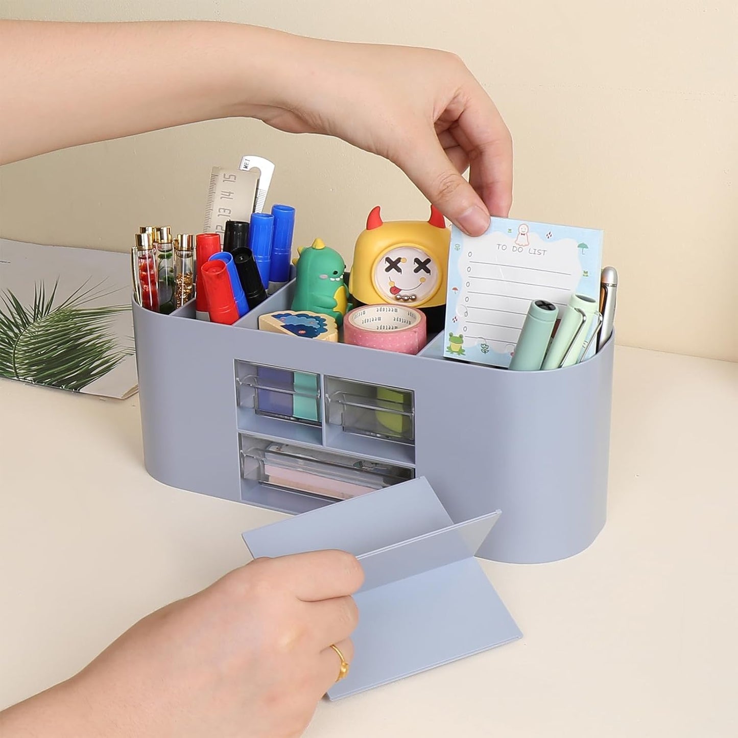 INSTOME Pencil Pen Holder for Desk with 3 Drawers - All-In-One Desk Organizer - Perfect Desk Accessories for Office Use - Stylish & Convenient Desk Organizers and Accessories (Beige)