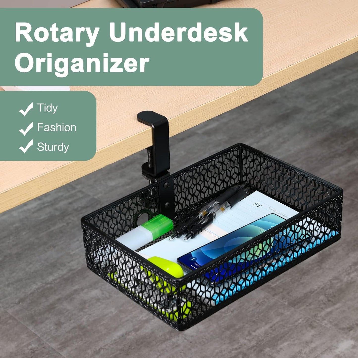 ROSYLINE OSYLINE Heavy Duty Clamp On Under Desk Drawer Organizer Storage Tray Basket with Non-Slip Pad Hanging Mount for Home Office Studio Bedroom or Dorm (Black)