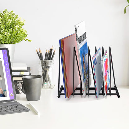 Triangle Desk File Organizer, 7 Slots Metal File Sorter Magazine Holder Document Rack,Desktop Bookshelf Organizer for Office Home School,Black