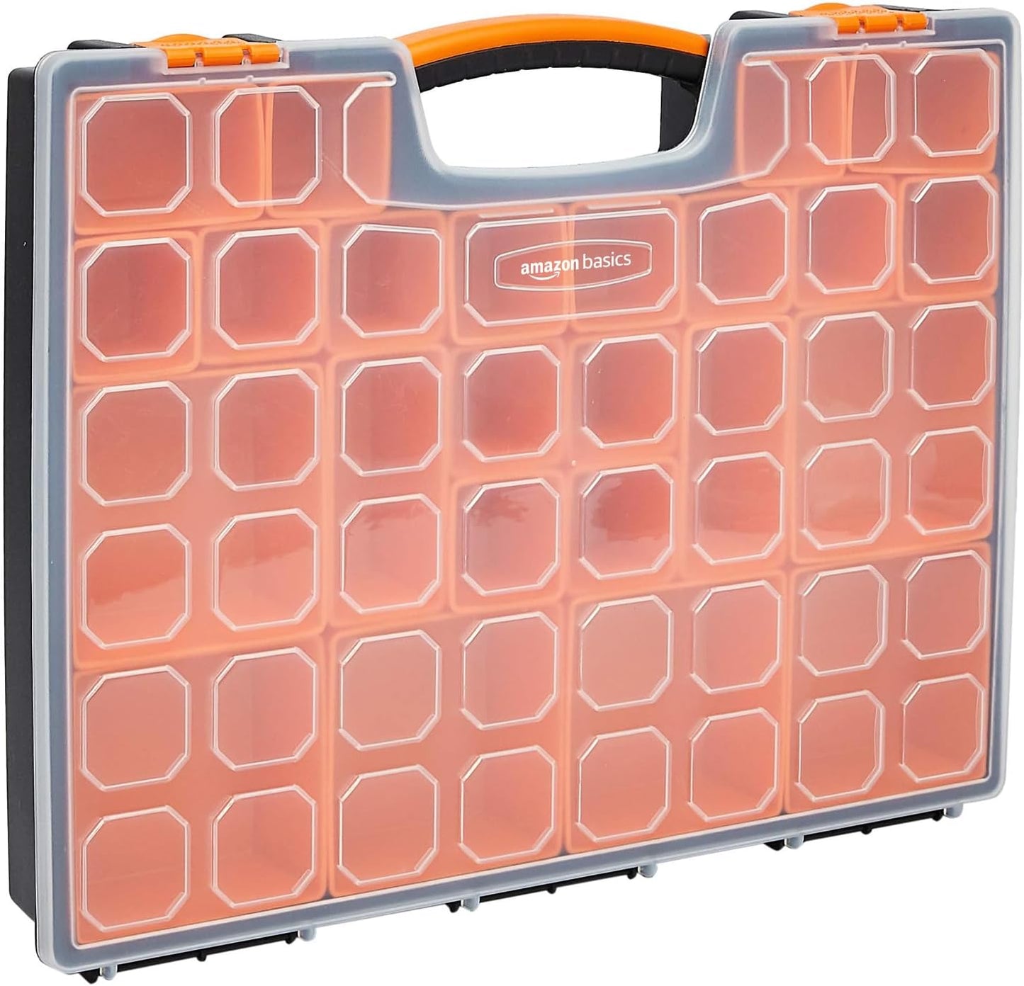Amazon Basics 19-Removable Compartment Small Parts Organizer, Portable Hardware Storage Box with Customizable Compartments, Black, Orange, 16.5 x 13.2 x 2.4 inches