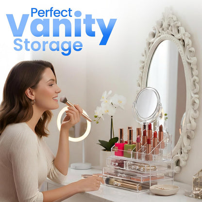 Masirs Clear Makeup Organizer - 16-Compartment Cosmetic and Jewelry Holder with 4 Drawers - Vanity Storage Box for Makeup, Skincare, Accessories, and Jewelry Display