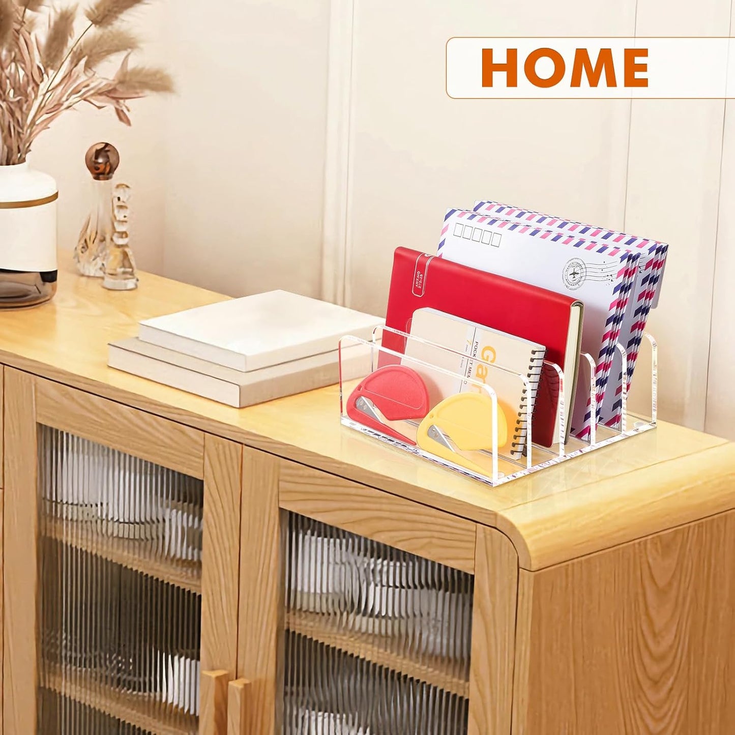 BEYGORM Acrylic Mail Holder, Clear Multifunction Desk Organizer with Divider, Vertical Letter Sorter for Desktop, 5 Compartments Modern Office Home Envelope Organizer for Bill, Document, Folder