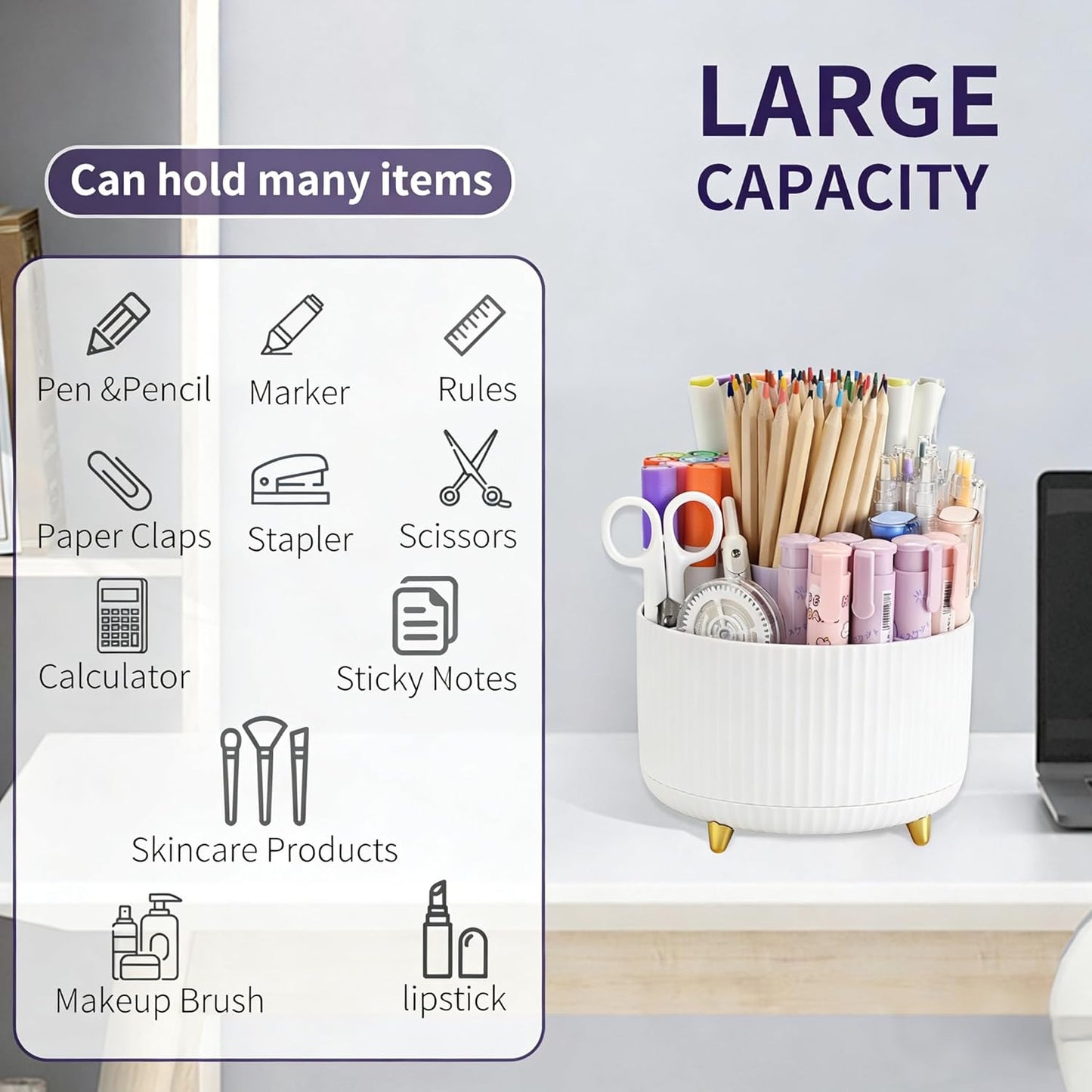 Camelmother Pen Holder For Desk With 5 Slots 360°Rotating Pencil Holder Makeup Organiezr Teacher Supplies Office decor (purple)