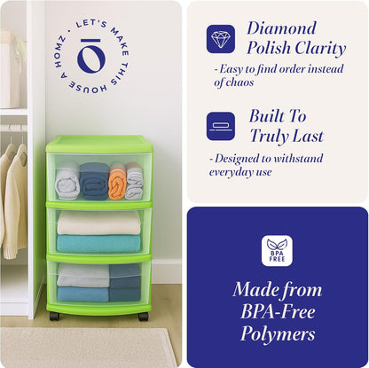 HOMZ Drawer Tower, 3-Tier Rolling Storage Cart with Removable Wheels, White Frame – Plastic Organizer with Clear Bin Drawers for Bedroom, Bathroom, Home Office, and Dorm Room