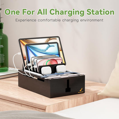 Pezin & Hulin Bamboo Charging Station for Multiple Devices, USB Charger Dock Organizer, with Power Supply (10 Ports HUB), 6 Cables, Cable Management Organizer for Cell Phones, Tablets -Natural+White