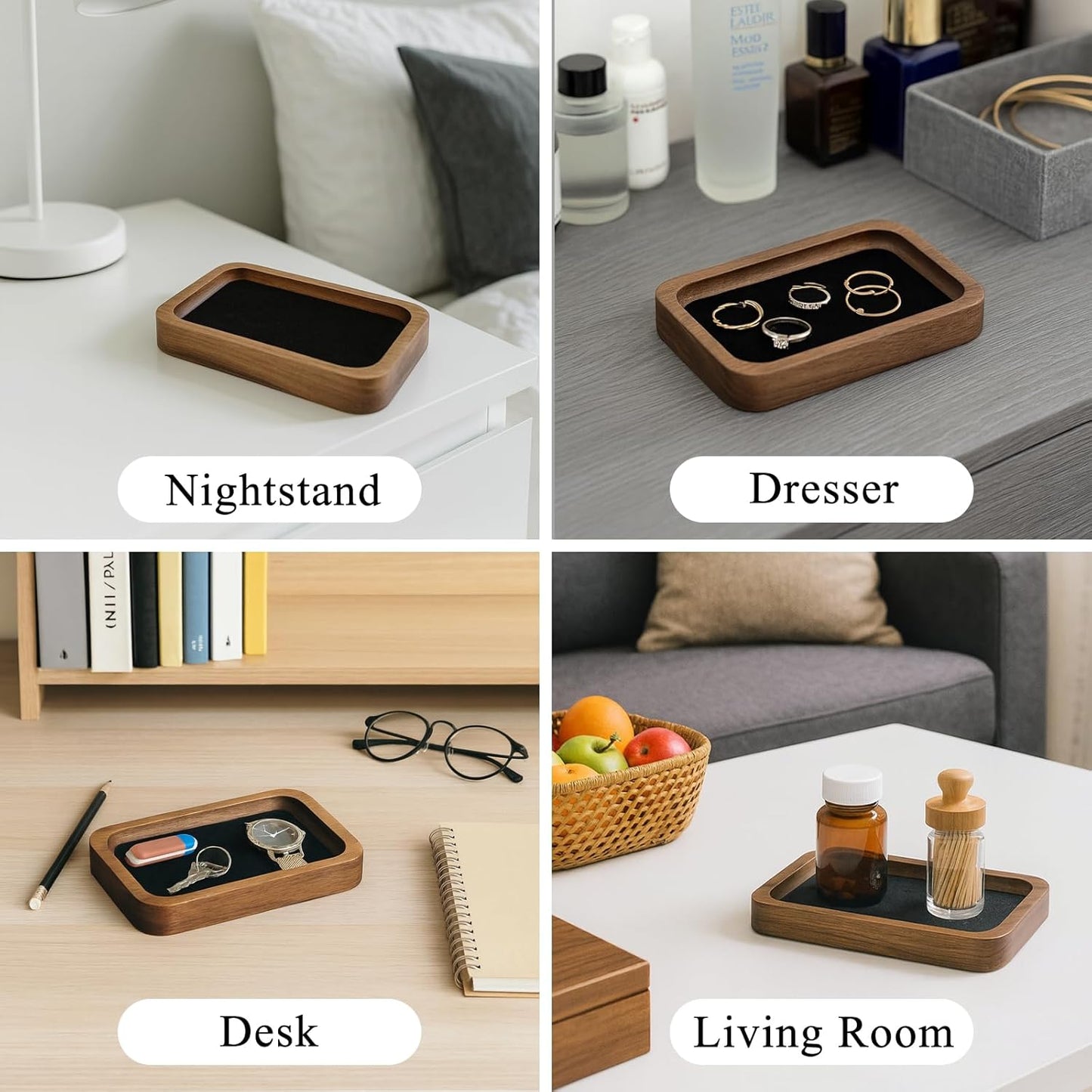 Walnut Wood Serving Tray with Velvet Liner – Decorative Valet Catchall Organizer for Desk, Nightstand & Entryway | Jewelry, Keys & Accessories Holder