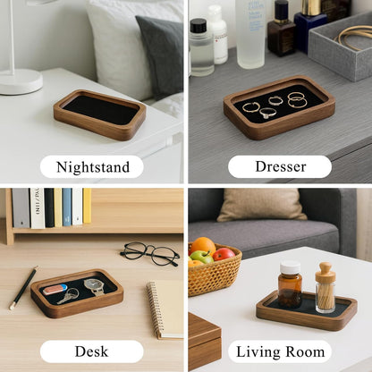 Walnut Wood Serving Tray with Velvet Liner – Decorative Valet Catchall Organizer for Desk, Nightstand & Entryway | Jewelry, Keys & Accessories Holder