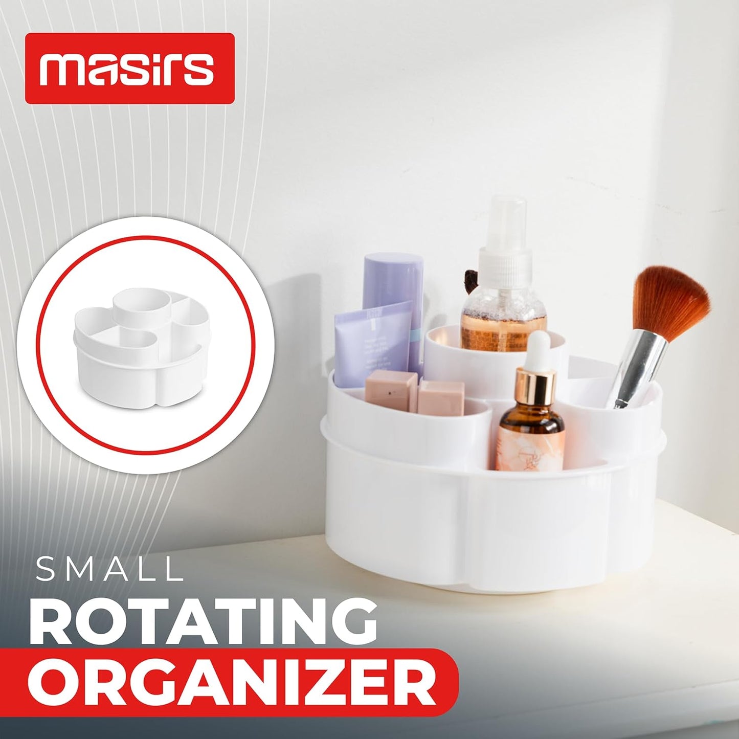 Masirs Small 360 Rotating Makeup Organizer - Mini Yet Spacious Cosmetic Storage Solution with Multiple Compartments - The Perfect Spinning Make-Up Caddy for Vanity or Bathroom Counter (Round - Clear)