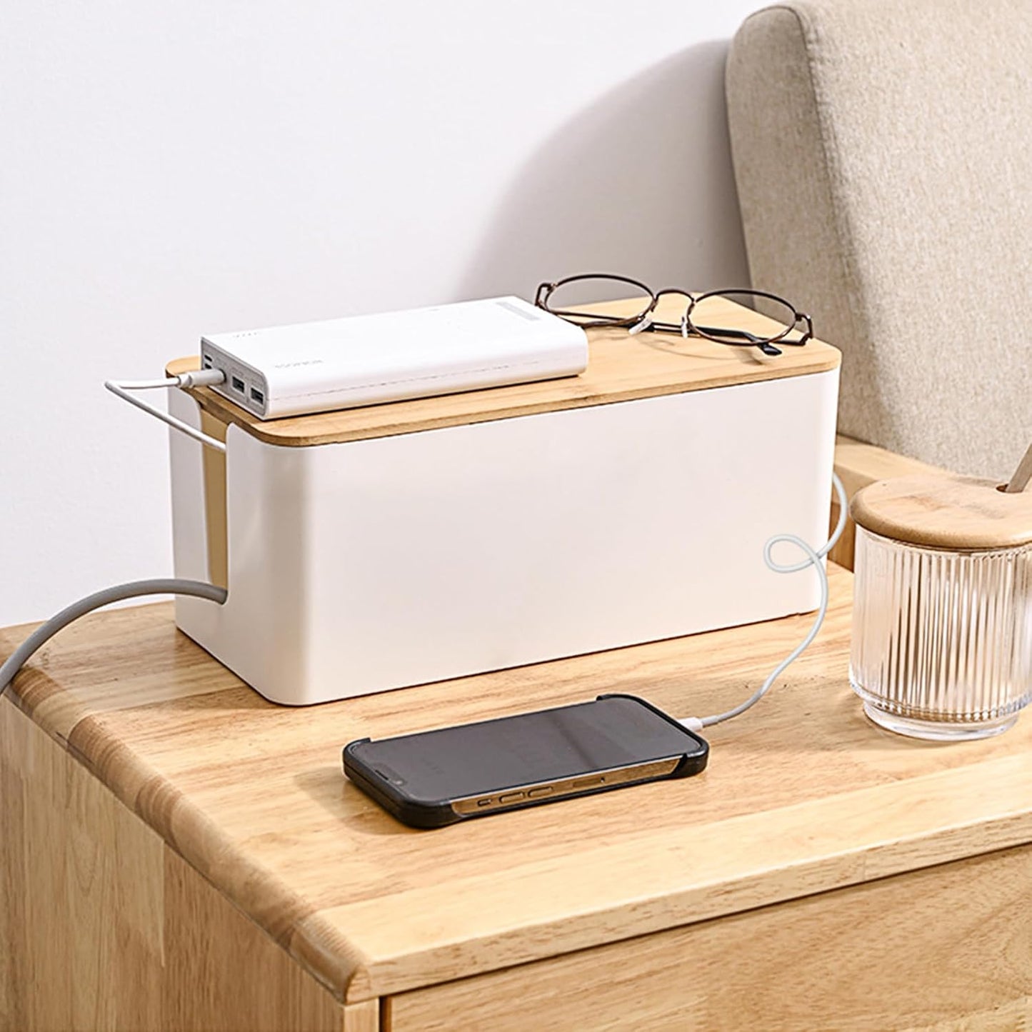 Cable Management Box,Wooden Style Large Cable Organizer Box for Office and Home,Cable Organizer Box with Proof Lock for Baby-Pets,Wood Lid（White,1 Pack