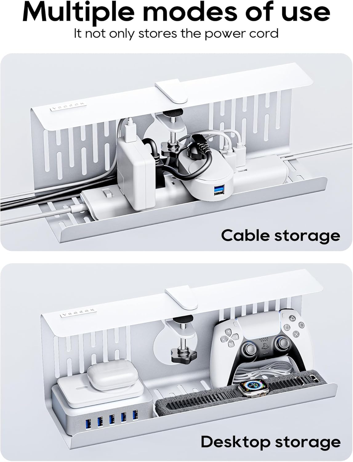 NODOCA No Drill Under Desk Cable Management Tray, 14'' Wire Management, Punch-Free Clamp on, Metal Cable Tray, Wire Organizer Under Desk, Under Desk Basket for Office and Home, Black