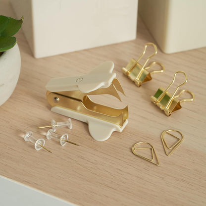 Aesthetic Desk Accessories Set - A Complete Desktop Organizer Set For Women Enhances Any Office Decor - An Office Supplies Kit w Gold Finish incl. Pen Holder, Scissors, Stapler, Tape Dispenser & More