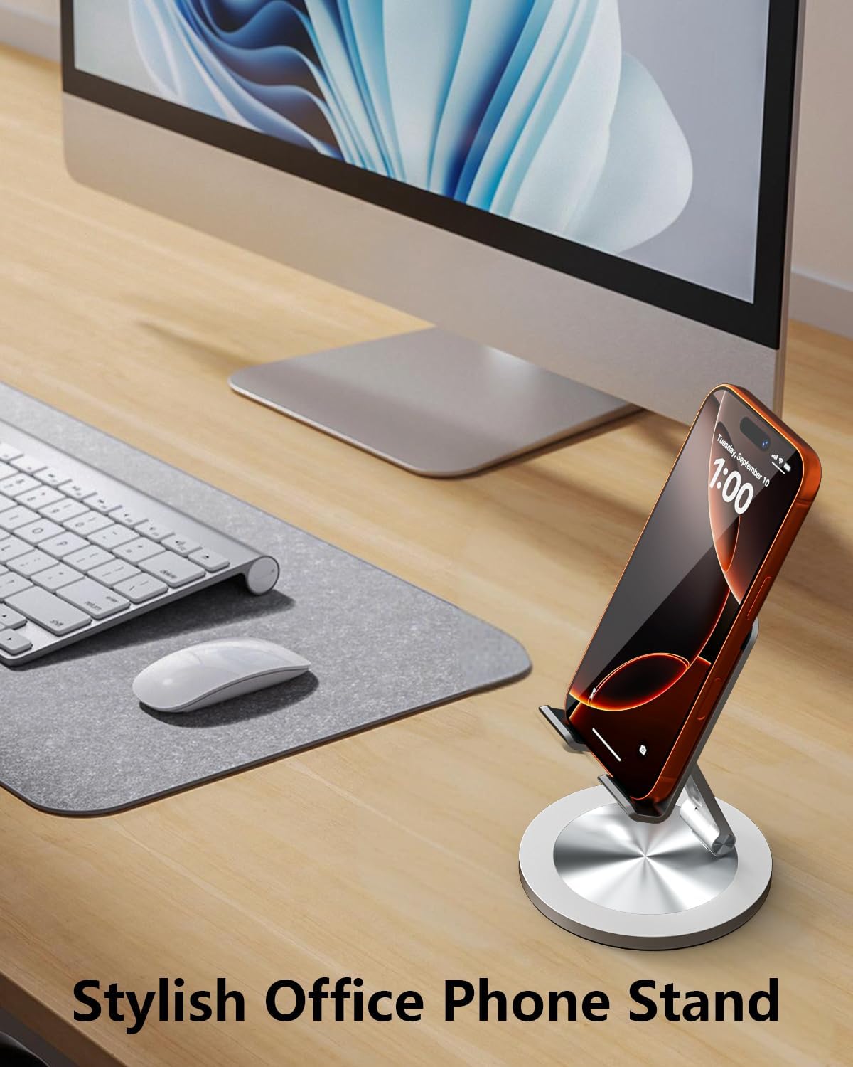 Phone Stand for Desk, 360° Rotating Dual Adjustable Foldable Holder, Heavy Solid All-Aluminum Base Anti-Slip Stable Support for Home Office Study, Fits iPhone Galaxy 4-8" Phones (Silver)