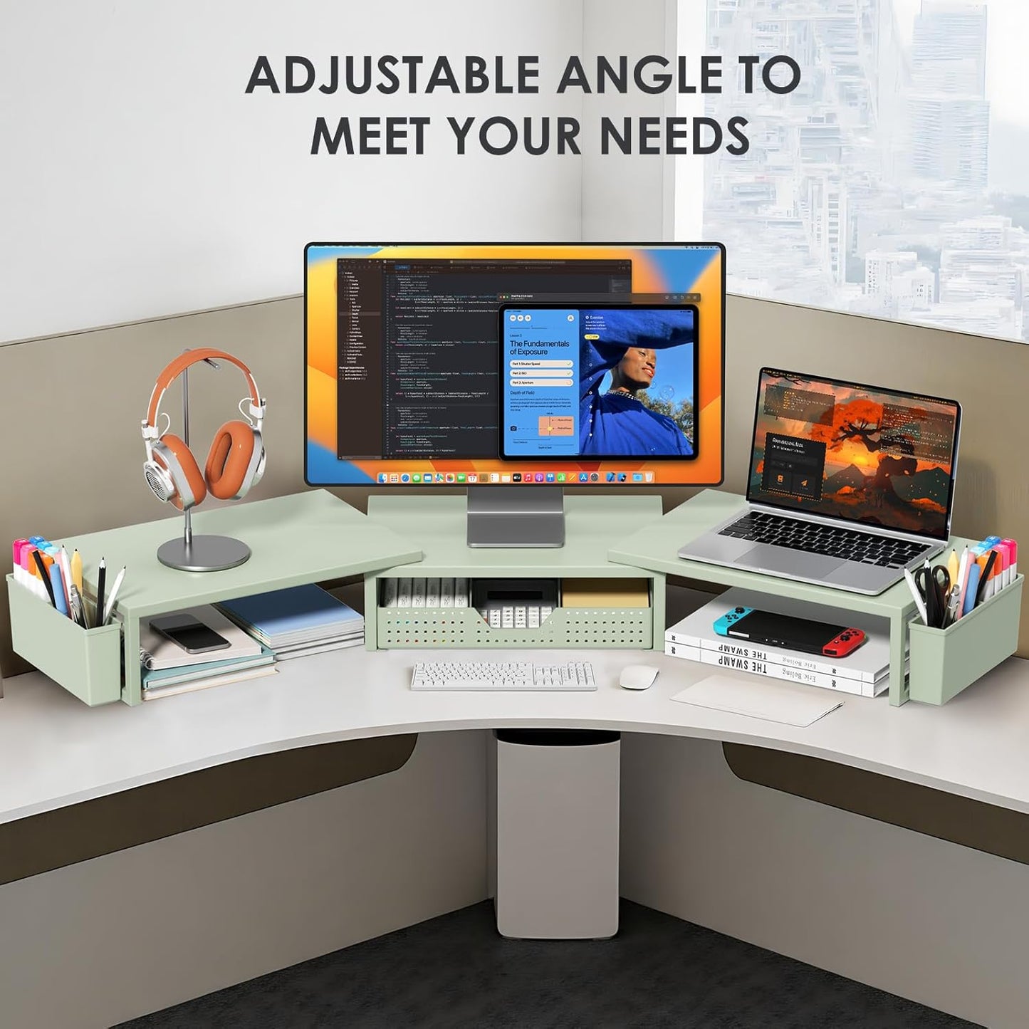 OPNICE Clear Acrylic Desk Organizers and Accessories, Dual Monitor Stand Riser with Drawer, Desk Shelf Computer Racks for Office Workspace Organizers, Desktop Organization (Transparent)
