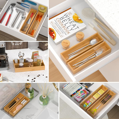 VeyFey Bamboo Drawer Organizer, Stackable Utensil Organizer for Kitchen, Bamboo Storage Box Wood Silverware Tray for Drawer 15" x 6" x 2" Set of 2